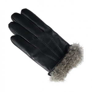 Mens winter style fur lined black leather gloves